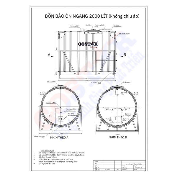 Bồn Bảo Ôn Công Nghiệp 2000L Ngang