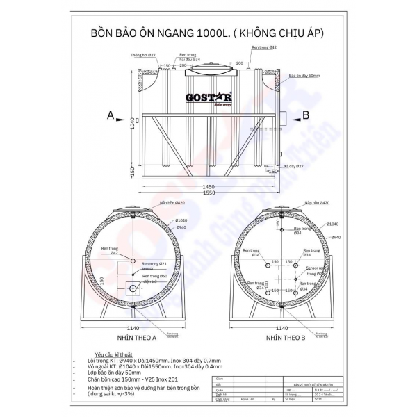 Bồn Bảo Ôn Công Nghiệp 1000L Ngang