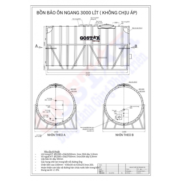 Bồn Bảo Ôn Công Nghiệp 3000L Ngang